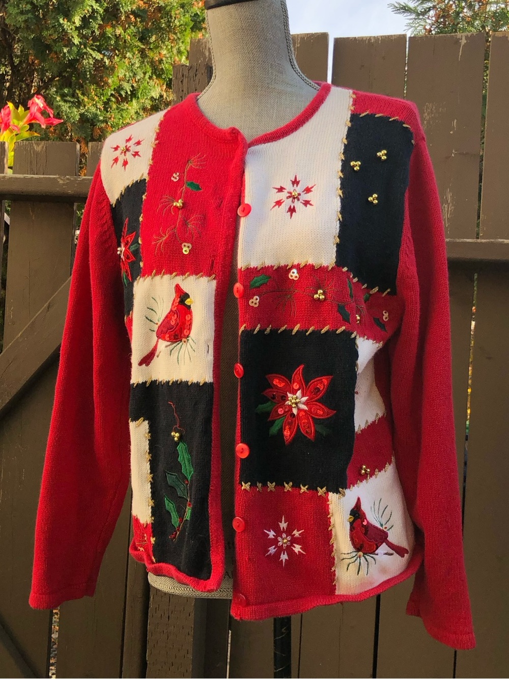 Vintage Crystal Kobe Patchwork Christmas Cardigan Embroidered Motifs Ramie